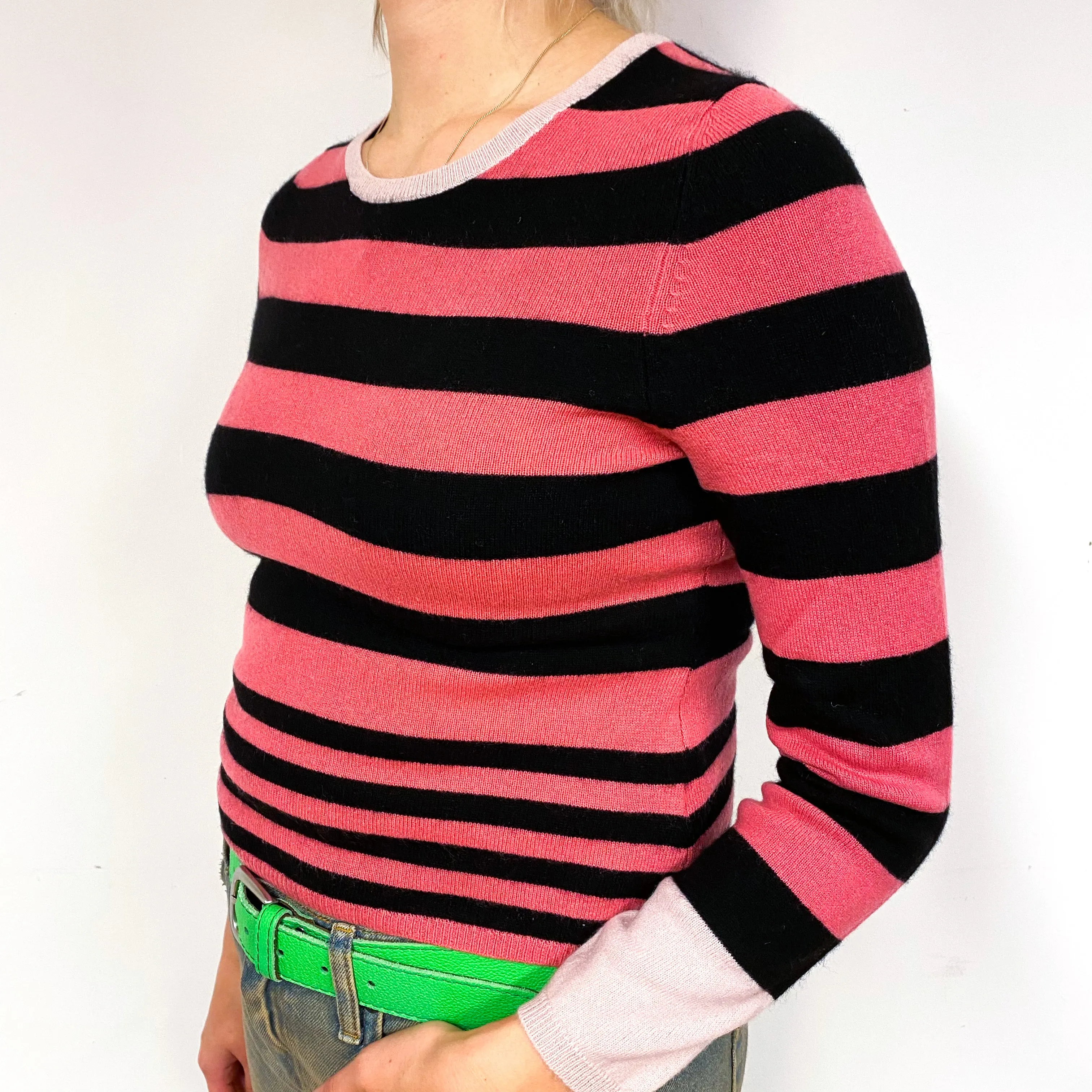 Pink Black Stripe Cashmere Crew Neck Jumper Small
