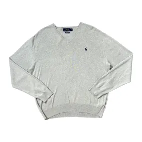 POLO RALPH LAUREN "Pima Cotton" Classic Embroidered Mini Logo Grey V-Neck Knit Sweater Jumper