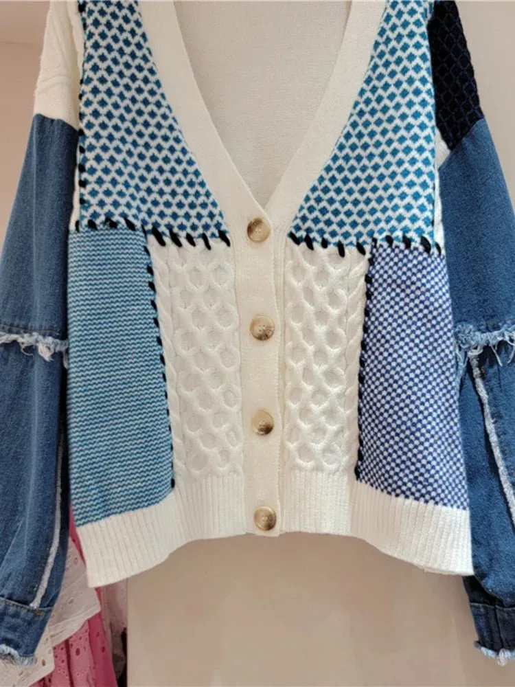 Pre Order:  Denim Spliced Moroccan Knit Cardigan