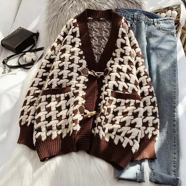 Pre Order:  Plaid Antler Toggle Knitted Cardigan