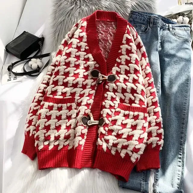 Pre Order:  Plaid Antler Toggle Knitted Cardigan