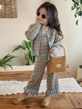 Preppy Style Goals Blue Plaid 3-Piece Knit Set