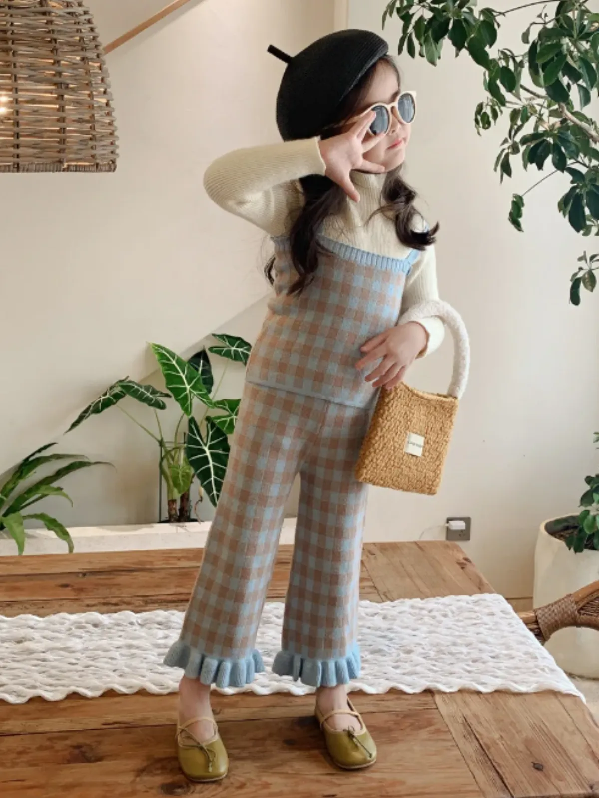 Preppy Style Goals Blue Plaid 3-Piece Knit Set