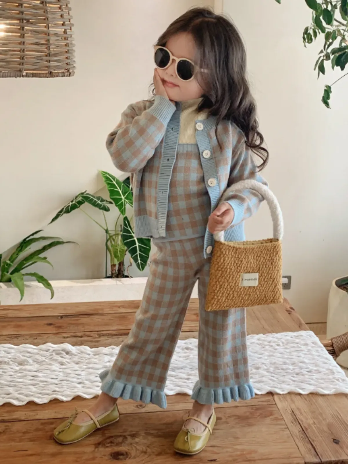 Preppy Style Goals Blue Plaid 3-Piece Knit Set