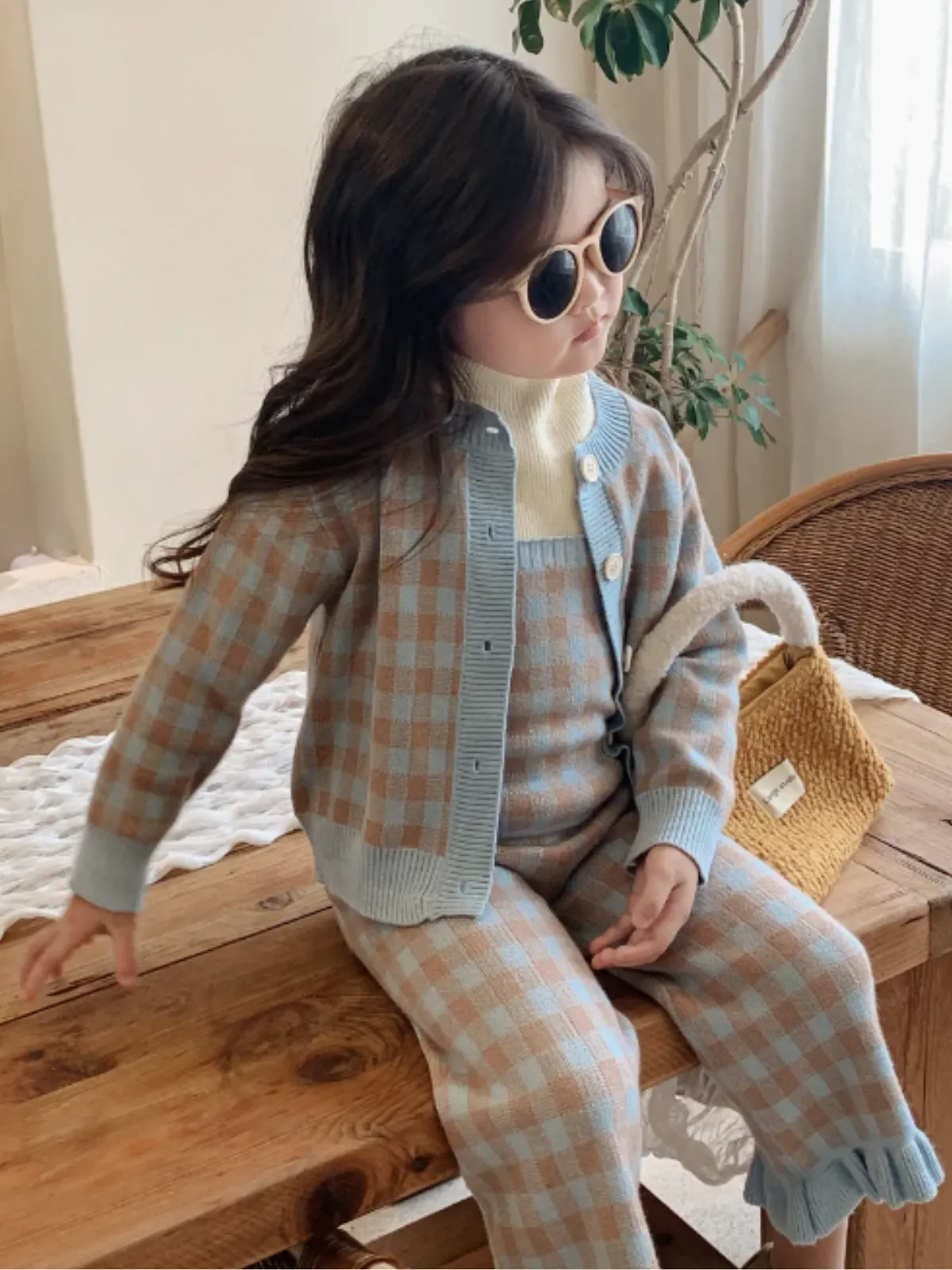 Preppy Style Goals Blue Plaid 3-Piece Knit Set