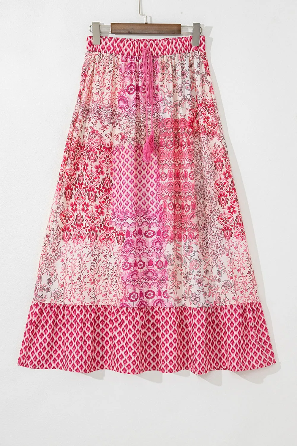 Printed Tassel Drawstring High Waist Maxi Skirt