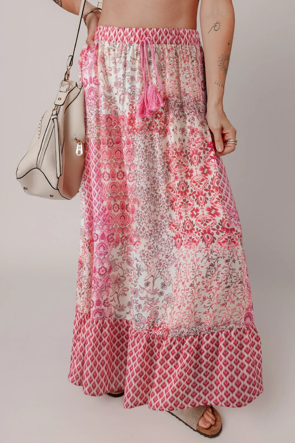 Printed Tassel Drawstring High Waist Maxi Skirt