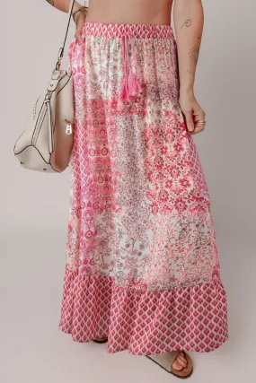Printed Tassel Drawstring High Waist Maxi Skirt
