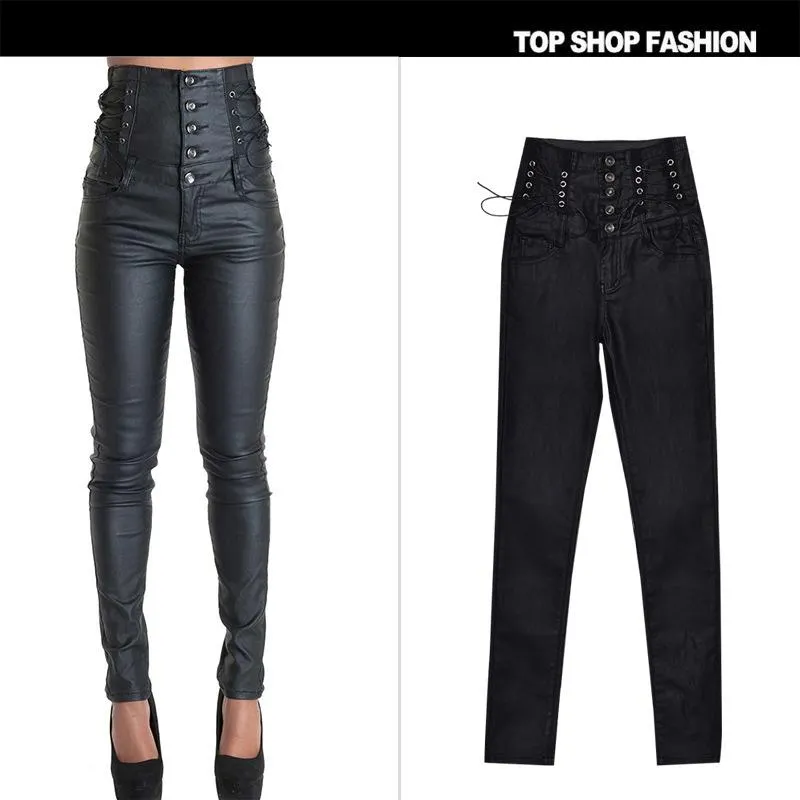 PU Leather High Waist Slim Elastic Pencil Pants and Waist band Pencil Pants