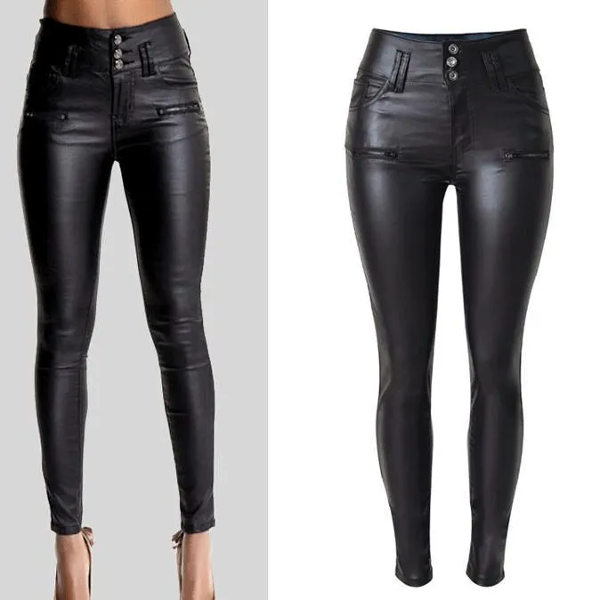 PU Leather High Waist Slim Elastic Pencil Pants and Waist band Pencil Pants