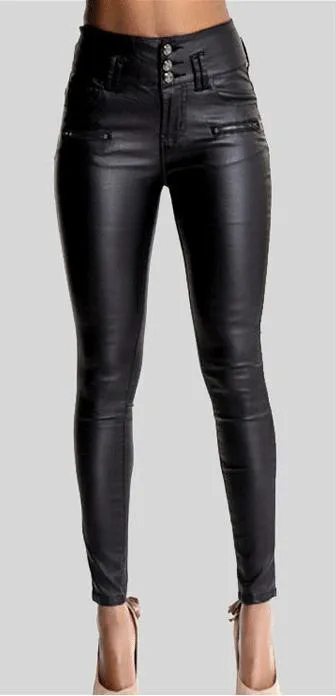PU Leather High Waist Slim Elastic Pencil Pants and Waist band Pencil Pants