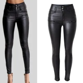 PU Leather High Waist Slim Elastic Pencil Pants and Waist band Pencil Pants