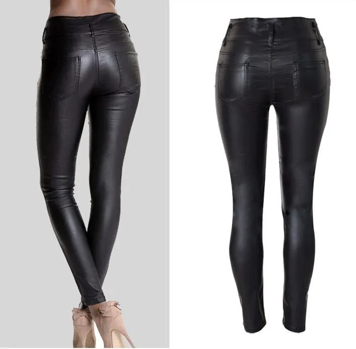 PU Leather High Waist Slim Elastic Pencil Pants and Waist band Pencil Pants