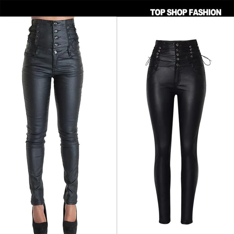 PU Leather High Waist Slim Elastic Pencil Pants and Waist band Pencil Pants