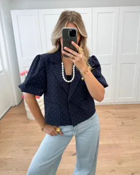 Puff Sleeve Strass Blazer Navy