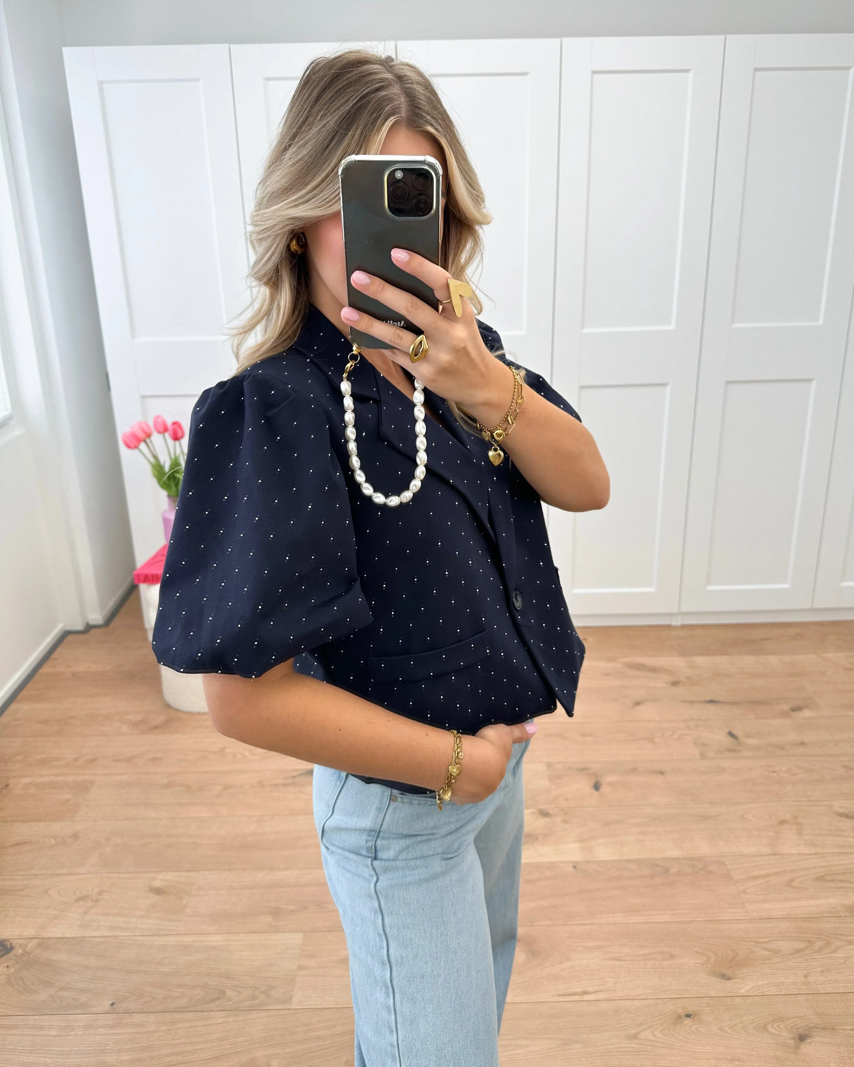 Puff Sleeve Strass Blazer Navy