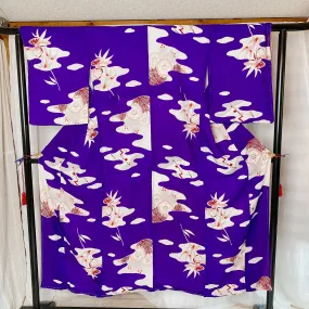 Purple Japanese Kimono, Floral, Clouds, Early Showa 1930's, Genuine Antique, Classic decorative fabric, Lounge Wear, Elegance Flower