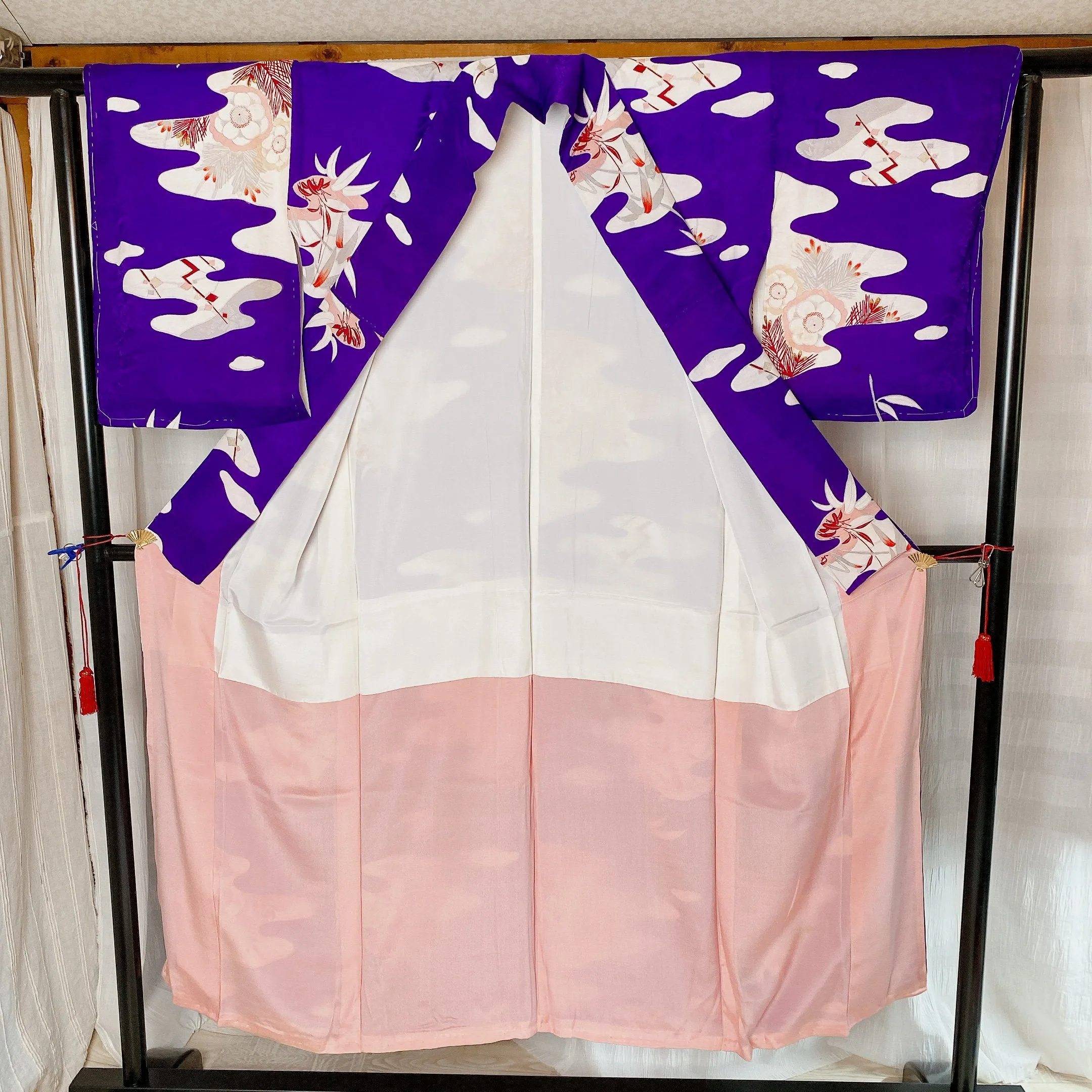 Purple Japanese Kimono, Floral, Clouds, Early Showa 1930's, Genuine Antique, Classic decorative fabric, Lounge Wear, Elegance Flower