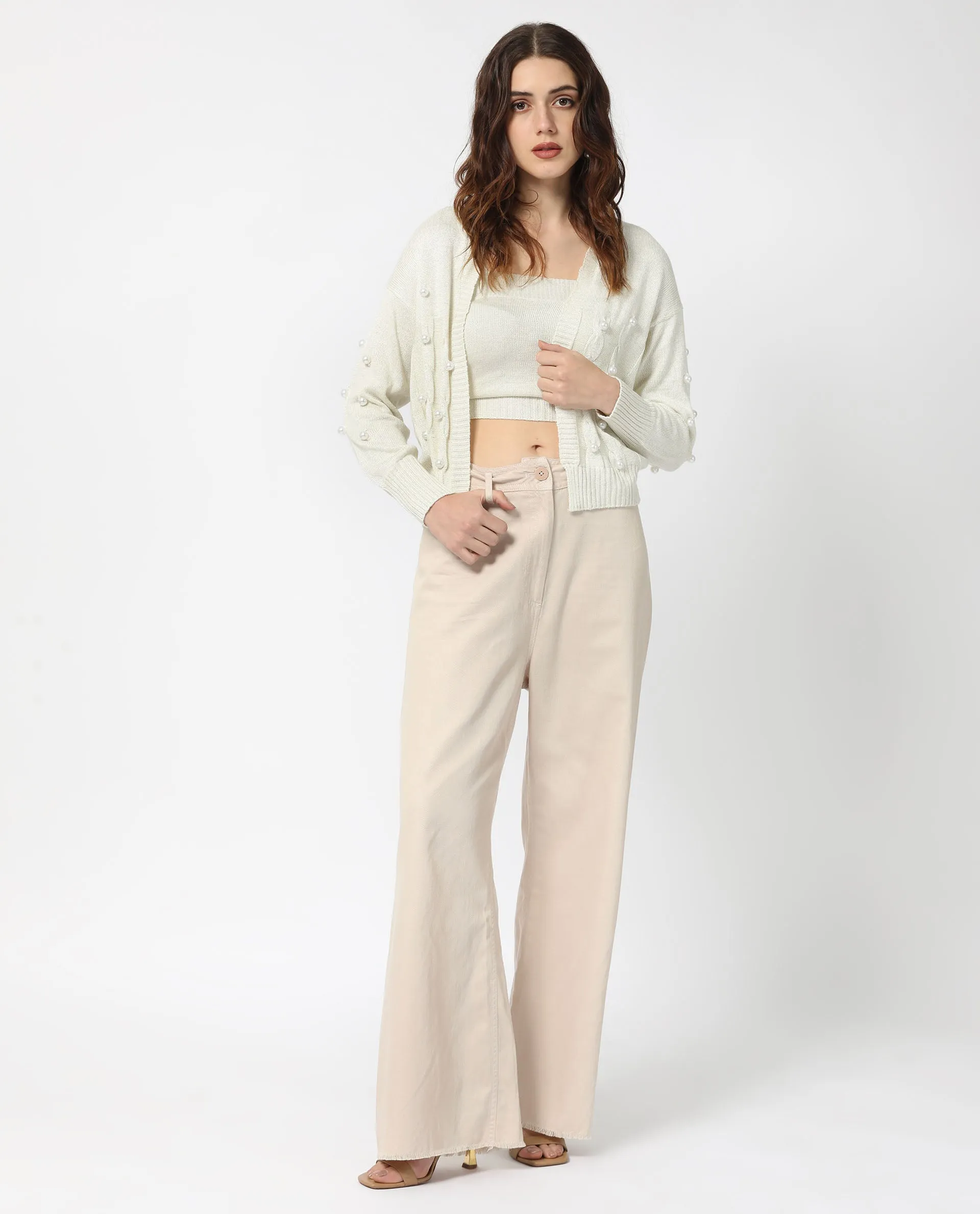 Rareism Women Tunnel 1 Off White Viscose Fabric Full Sleeves Regular Fit Solid Collarless Sweater