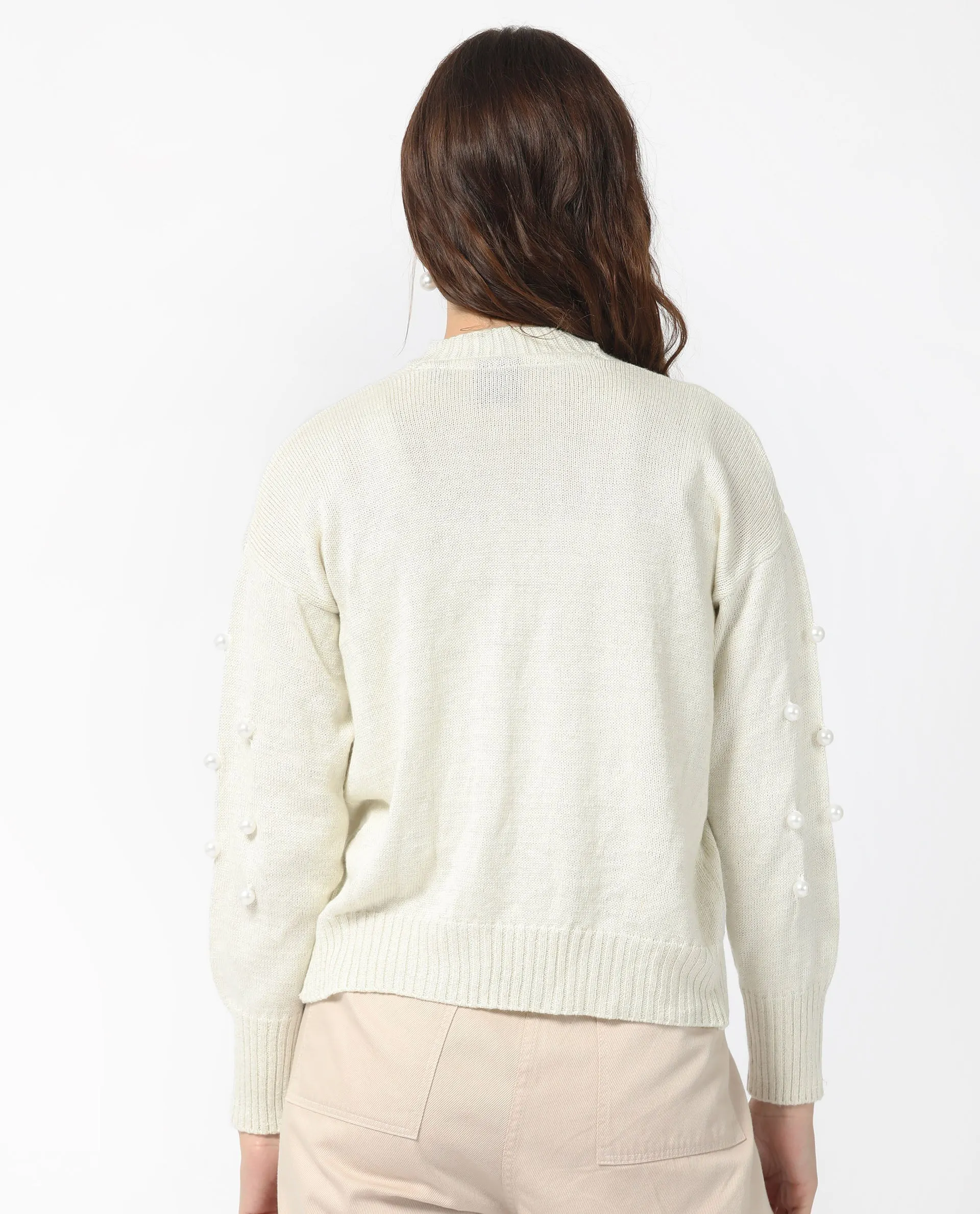 Rareism Women Tunnel 1 Off White Viscose Fabric Full Sleeves Regular Fit Solid Collarless Sweater
