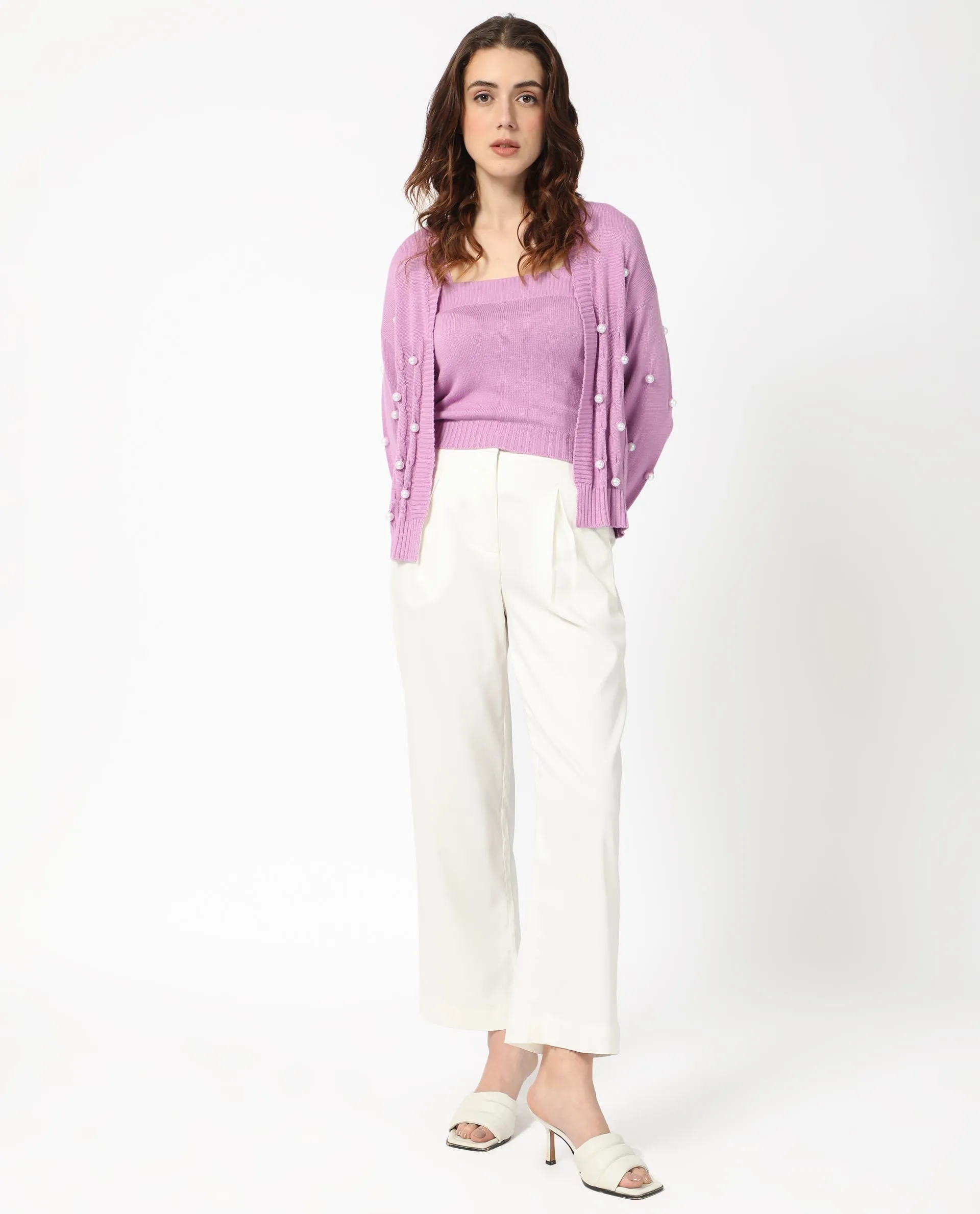 Rareism Women Tunnel 1 Pastel Purple Viscose Fabric Full Sleeves Balloon Sleeve Regular Fit Embellished Sweater