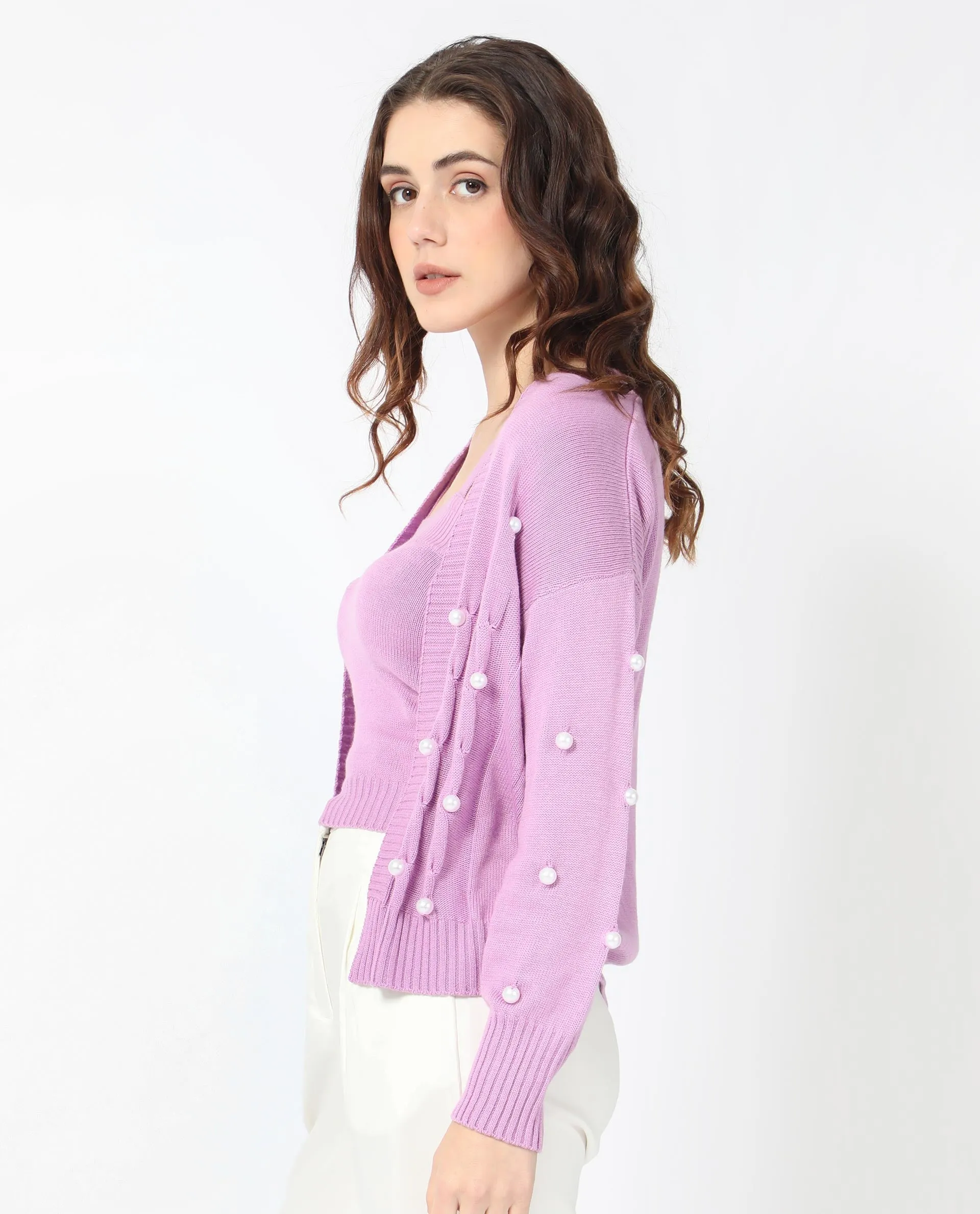 Rareism Women Tunnel 1 Pastel Purple Viscose Fabric Full Sleeves Balloon Sleeve Regular Fit Embellished Sweater