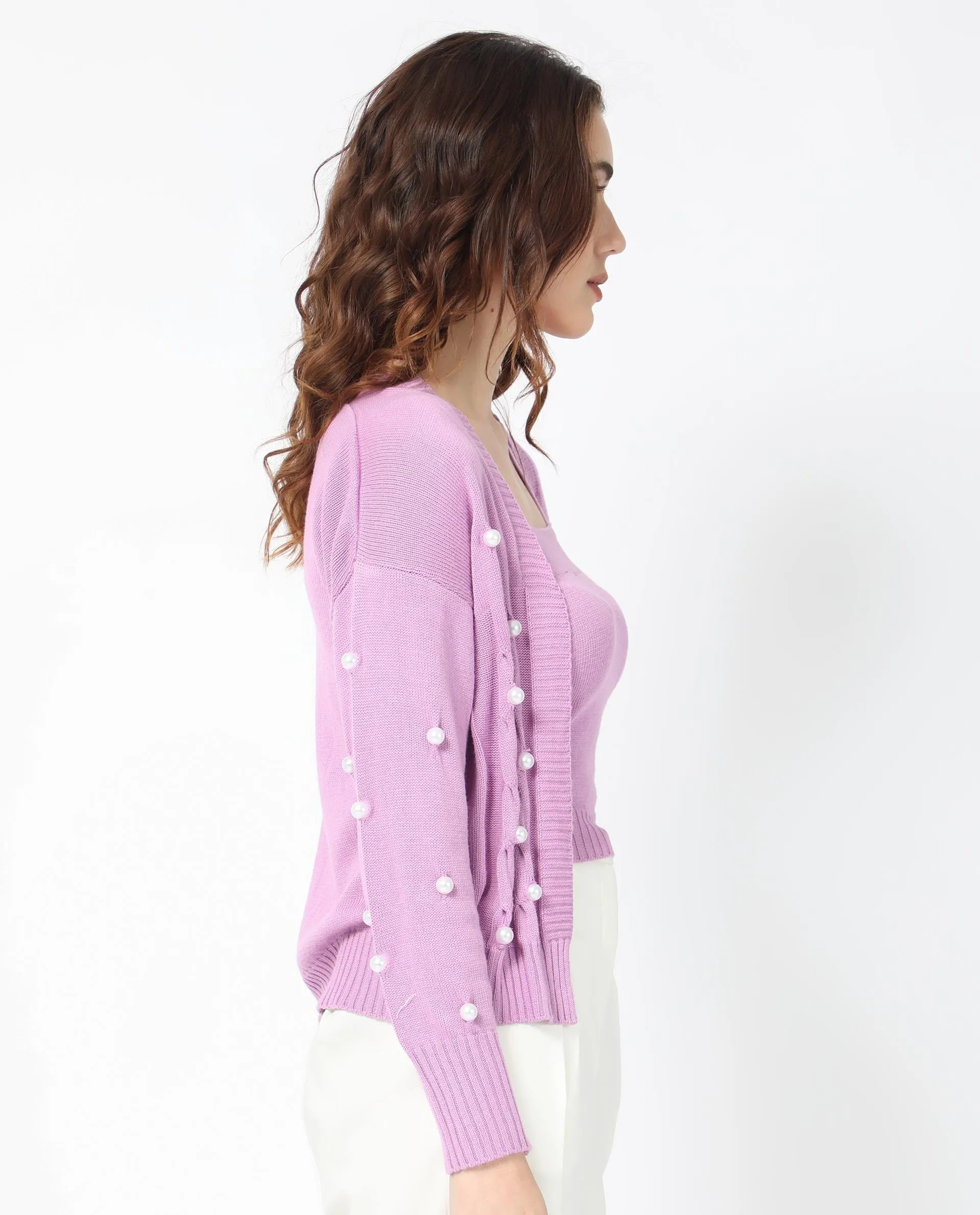 Rareism Women Tunnel 1 Pastel Purple Viscose Fabric Full Sleeves Balloon Sleeve Regular Fit Embellished Sweater