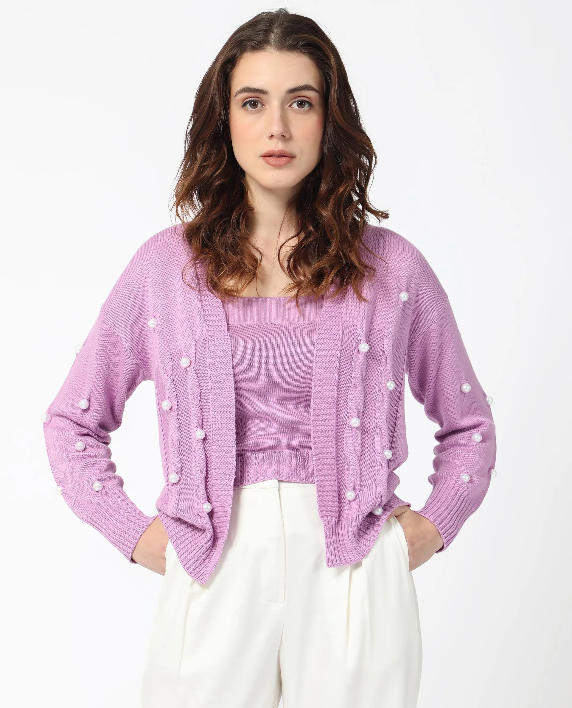 Rareism Women Tunnel 1 Pastel Purple Viscose Fabric Full Sleeves Balloon Sleeve Regular Fit Embellished Sweater