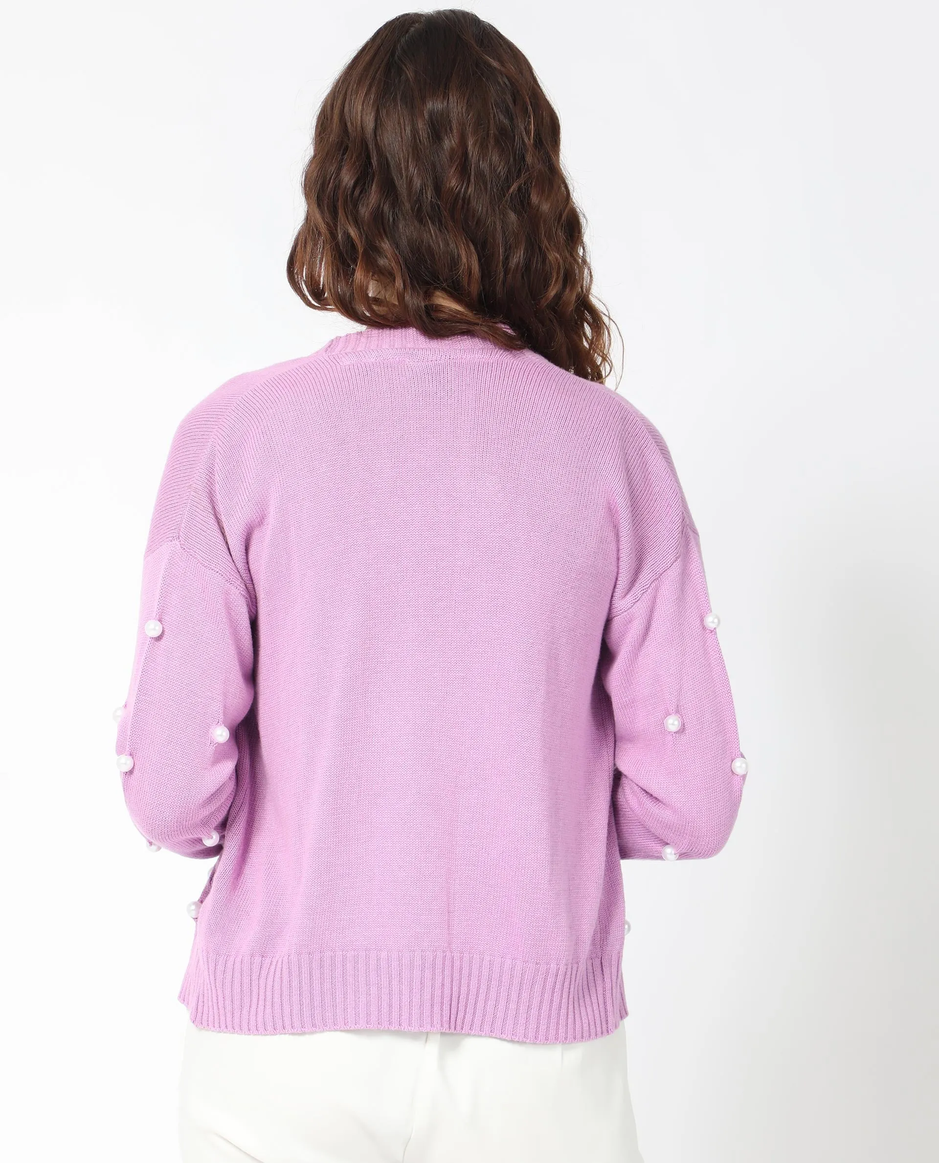 Rareism Women Tunnel 1 Pastel Purple Viscose Fabric Full Sleeves Balloon Sleeve Regular Fit Embellished Sweater