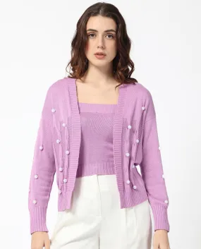 Rareism Women Tunnel 1 Pastel Purple Viscose Fabric Full Sleeves Balloon Sleeve Regular Fit Embellished Sweater