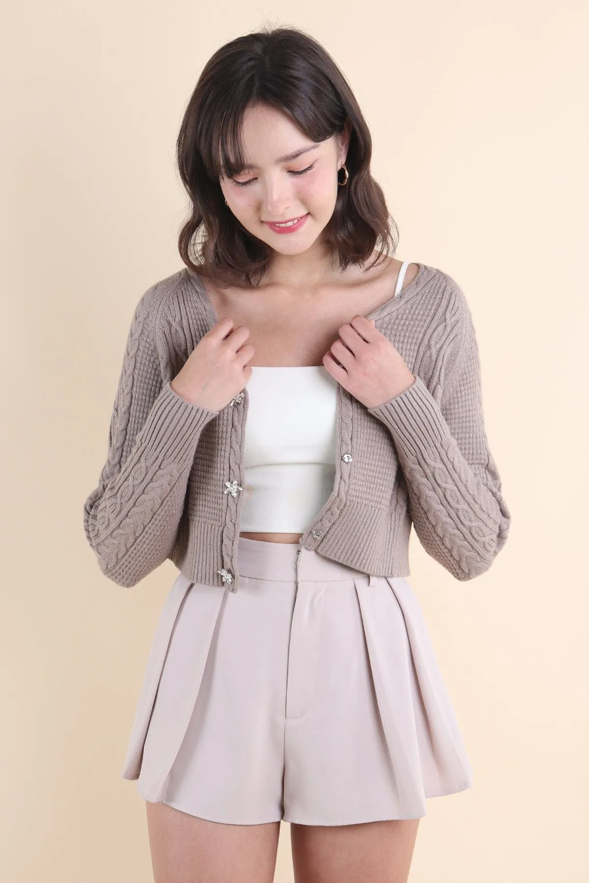 RESTOCKED** DANIELLE WEAVED CARDIGAN IN KHAKI