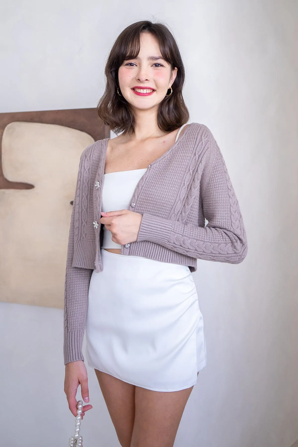 RESTOCKED** DANIELLE WEAVED CARDIGAN IN KHAKI