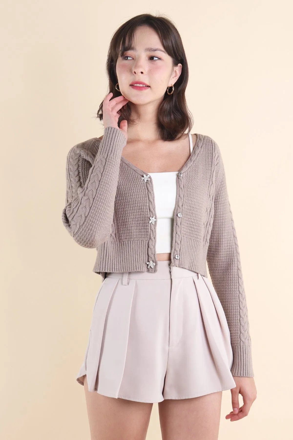 RESTOCKED** DANIELLE WEAVED CARDIGAN IN KHAKI