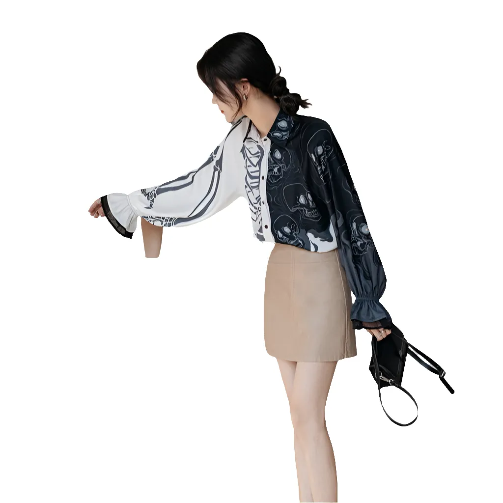 Retro Harajuku Style Skull Print Shirt
