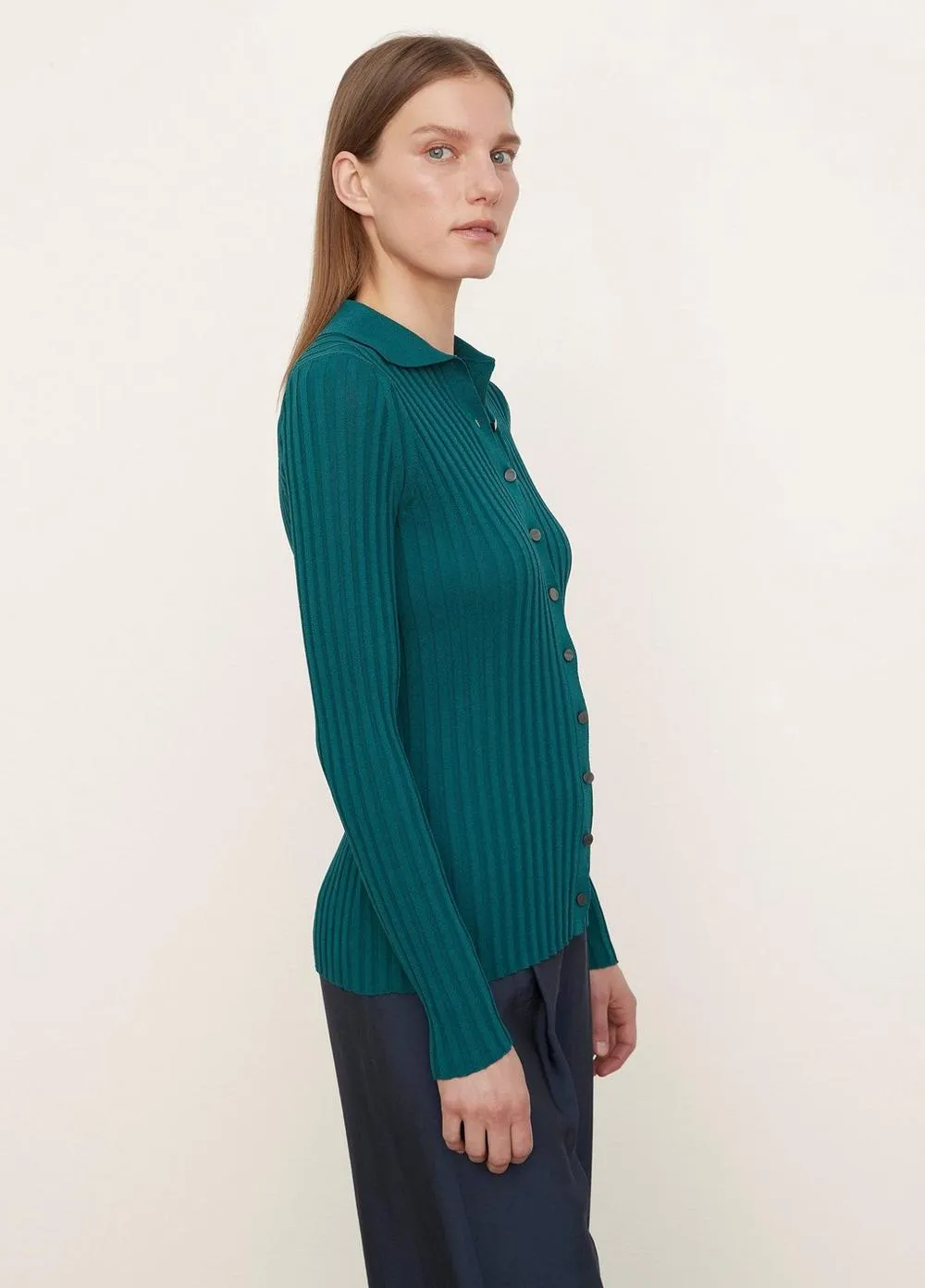 Ribbed Long Sleeve Button Up Cardigan in Dark Jade