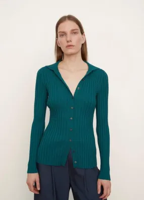 Ribbed Long Sleeve Button Up Cardigan in Dark Jade