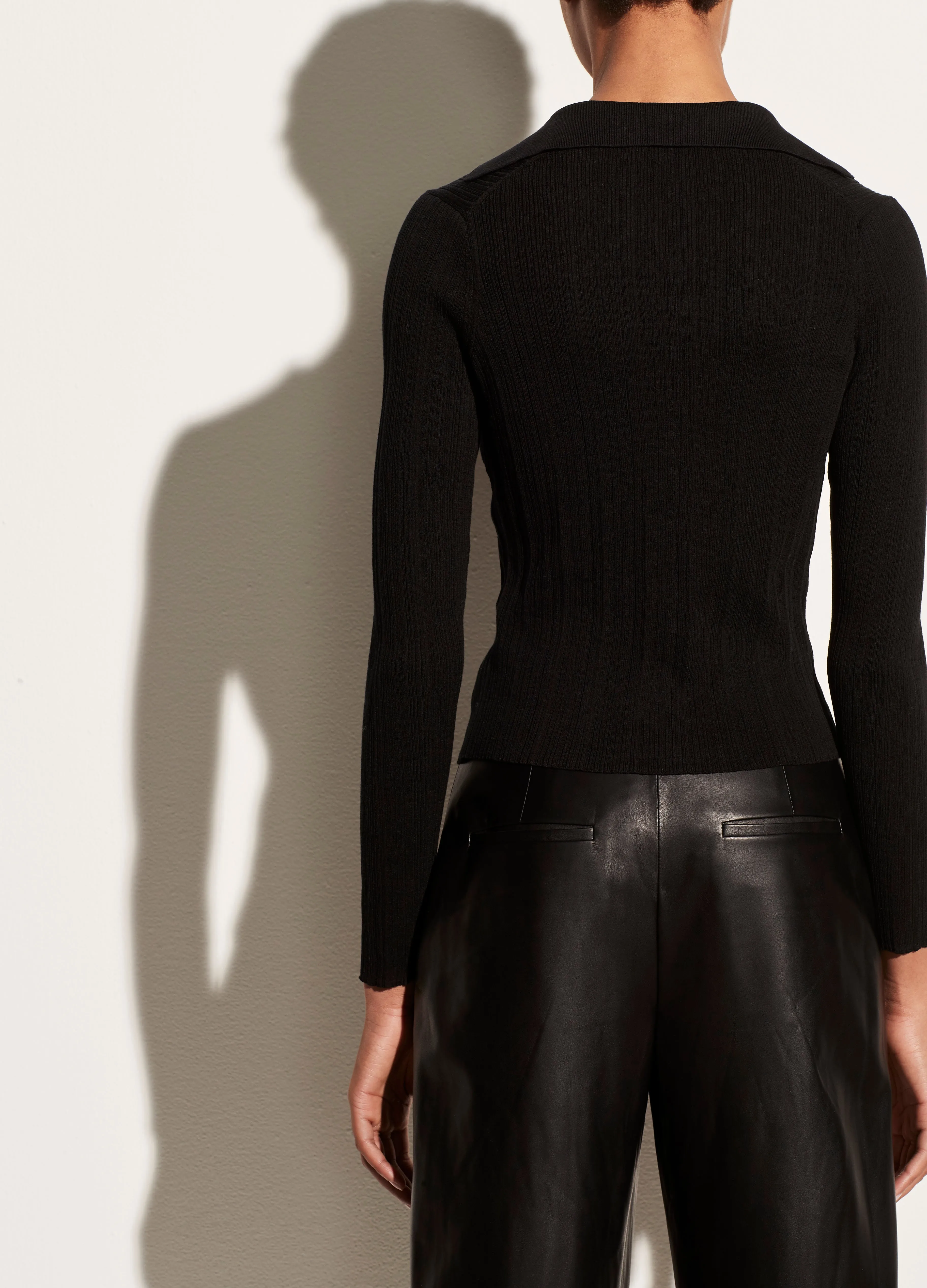 Ribbed Polo Cardigan in Black