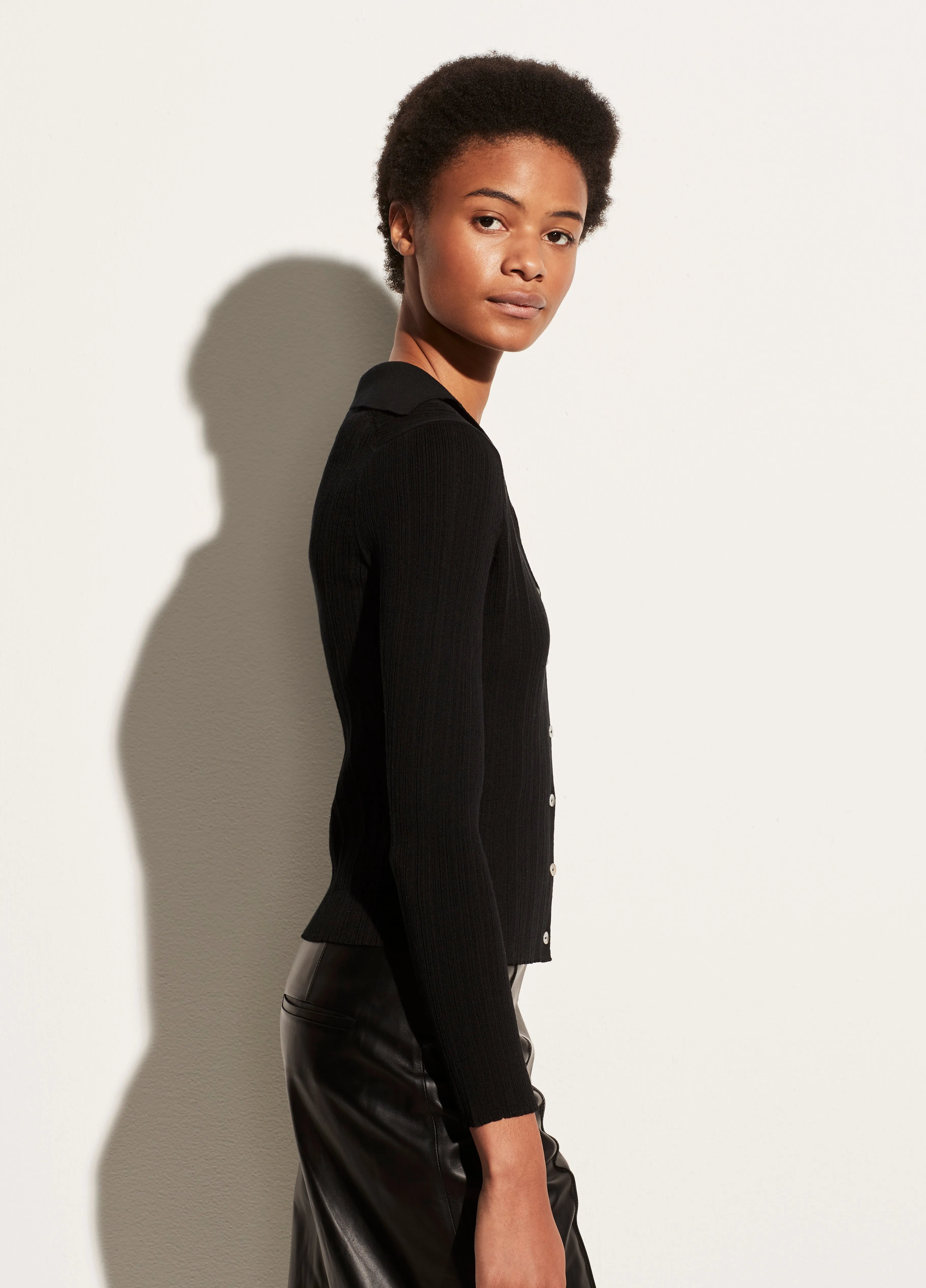 Ribbed Polo Cardigan in Black