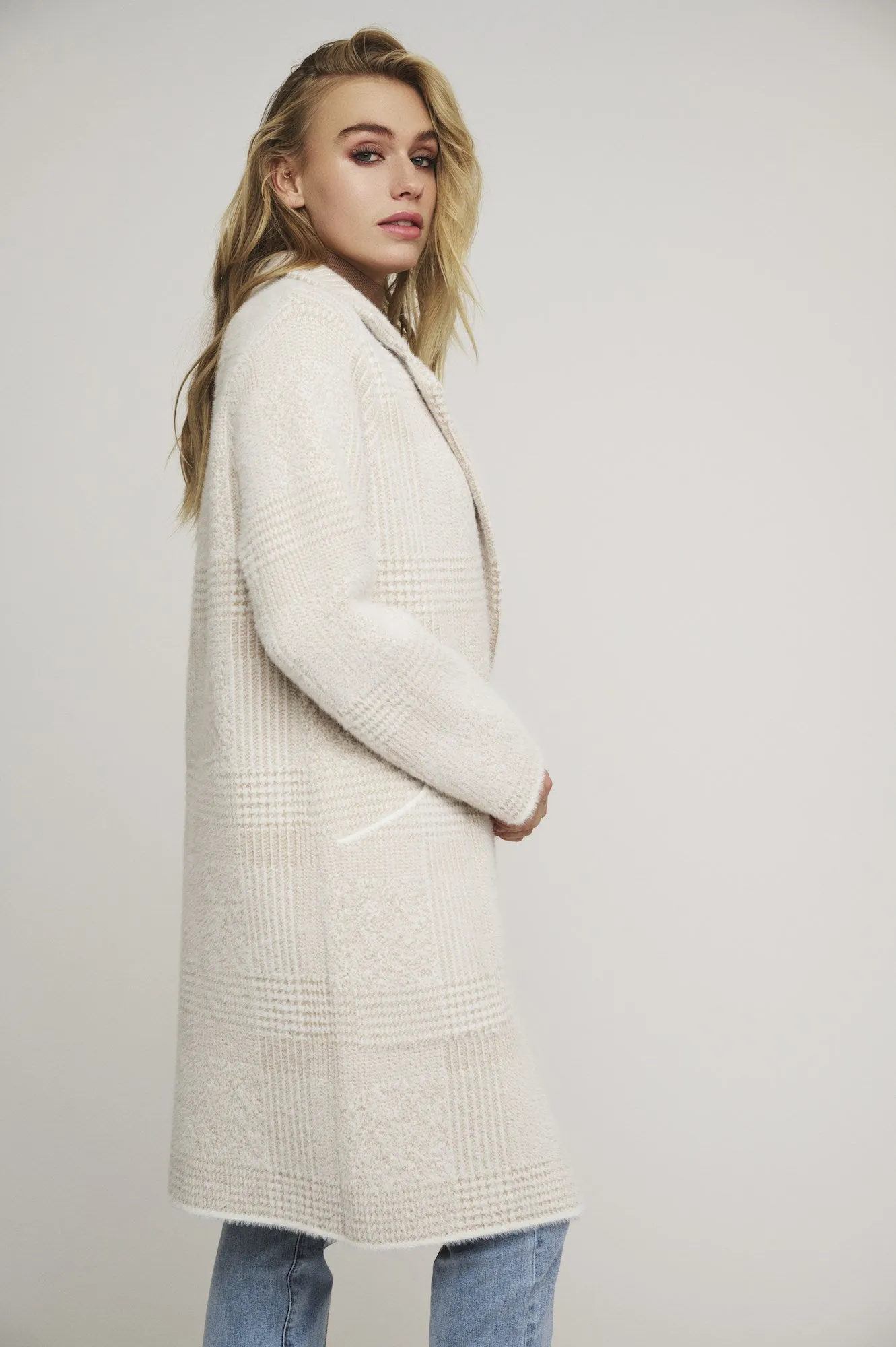 Rino & Pelle Madina Long Double Breasted Cardigan | Stone Check
