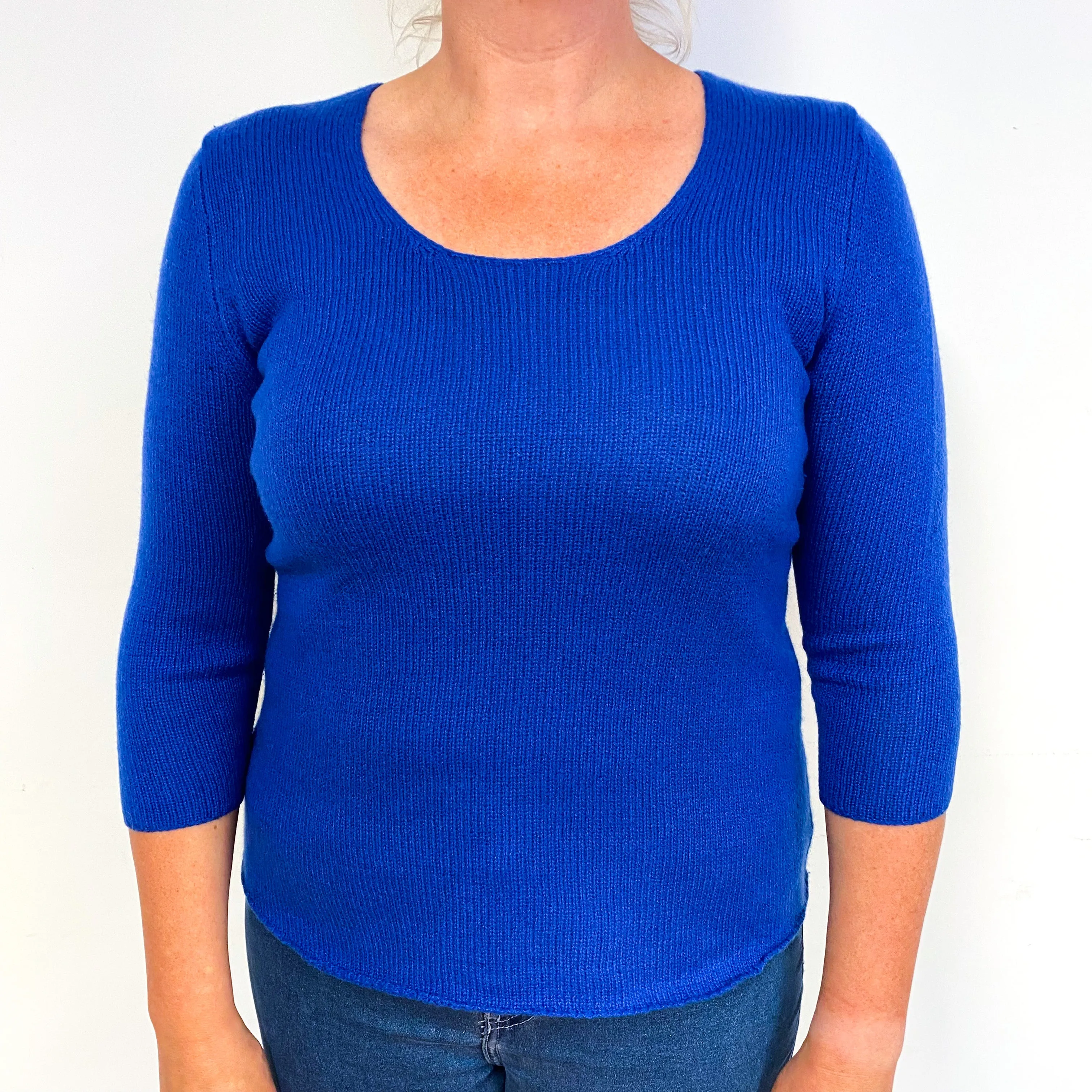 Royal Blue 3/4 Sleeve Cashmere Crew Neck Jumper Large