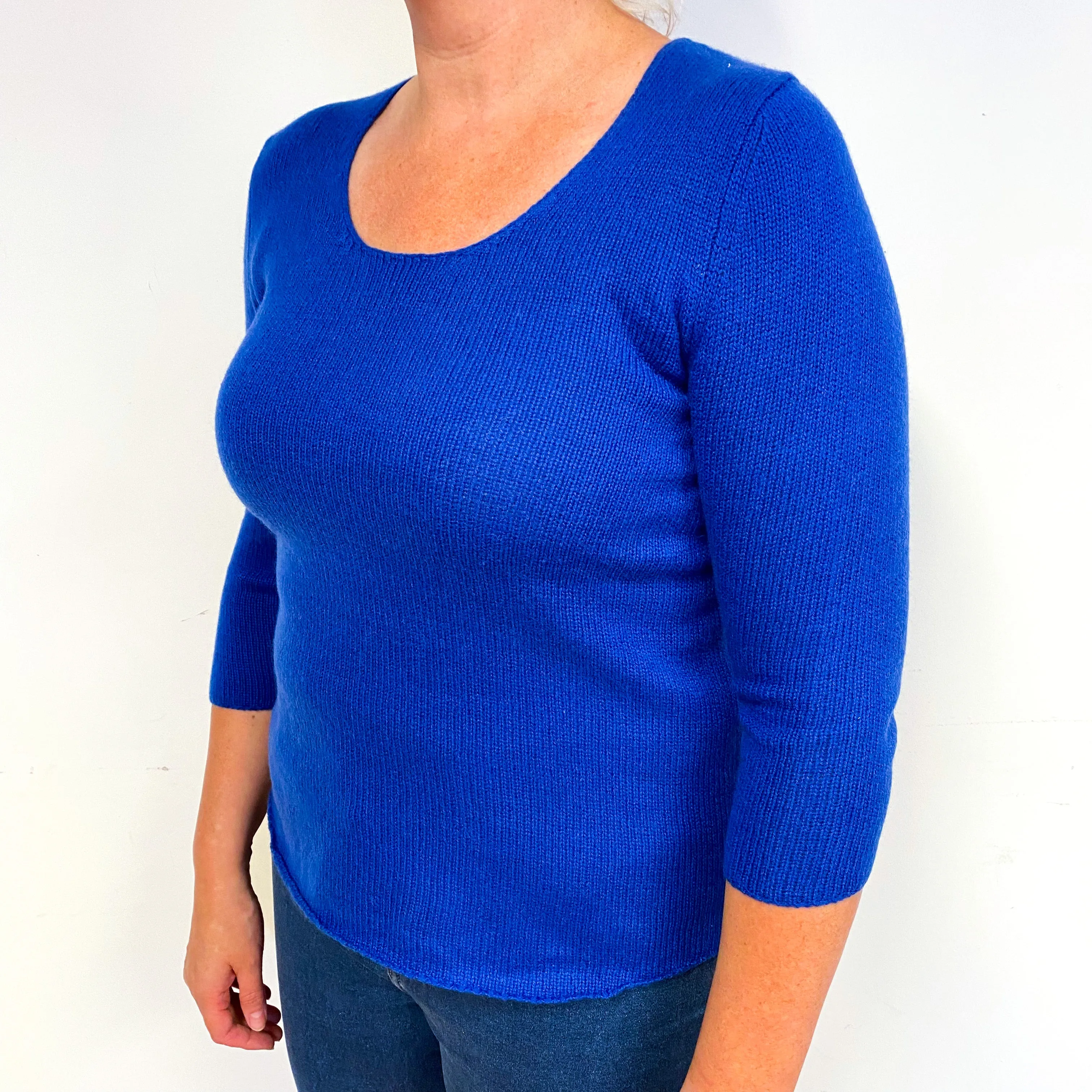 Royal Blue 3/4 Sleeve Cashmere Crew Neck Jumper Large