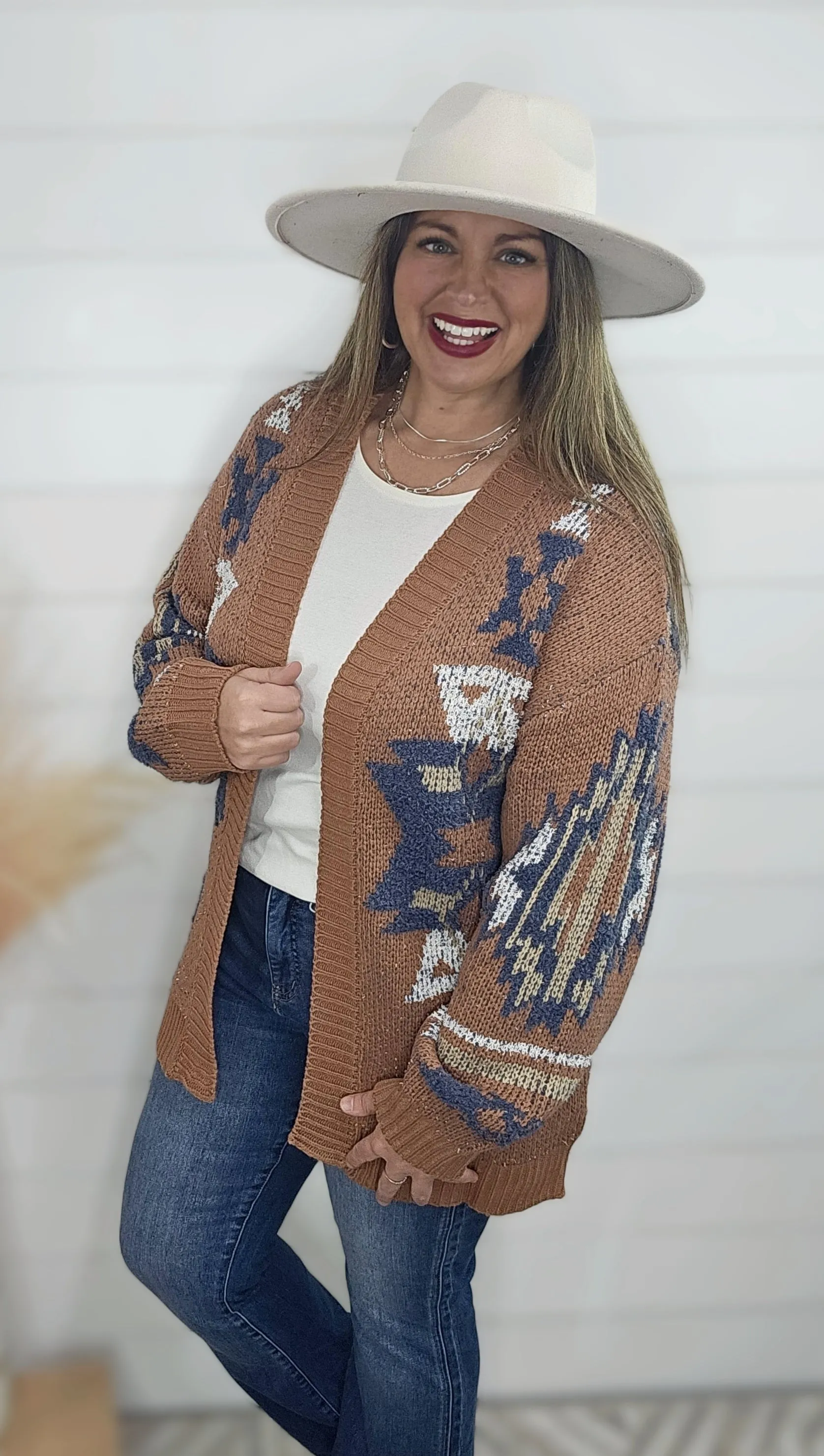 RUST TRIBAL PRINTED SOFT CARDIGAN