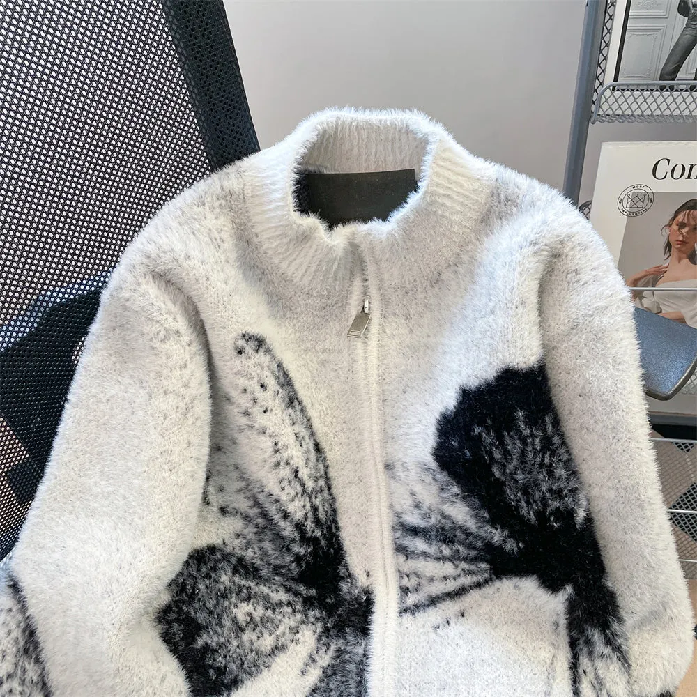 Sable Butterfly Jacquard Zipped Cardigan