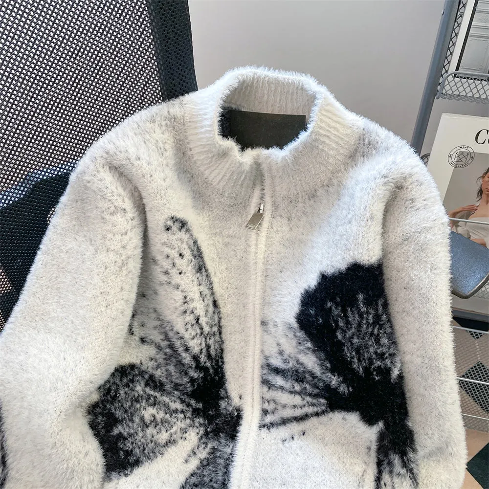 Sable Butterfly Jacquard Zipped Cardigan