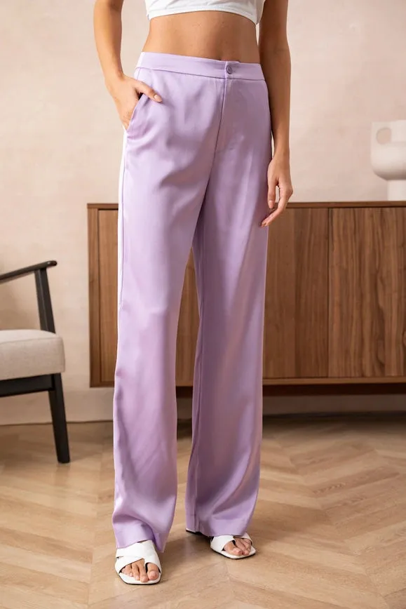 Satin Straight Cut Pants Lilac