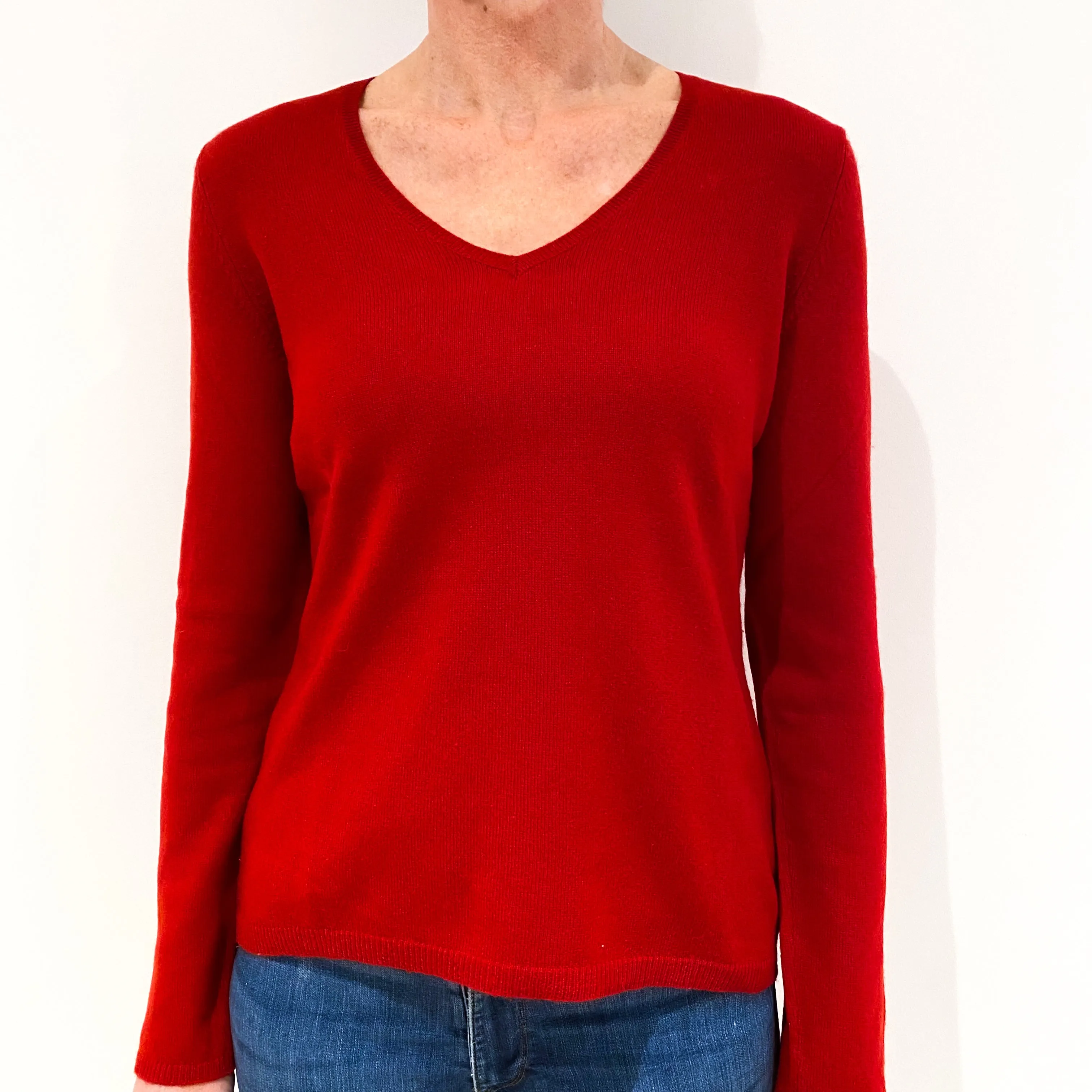 Scarlet Red Cashmere V Neck Jumper Small
