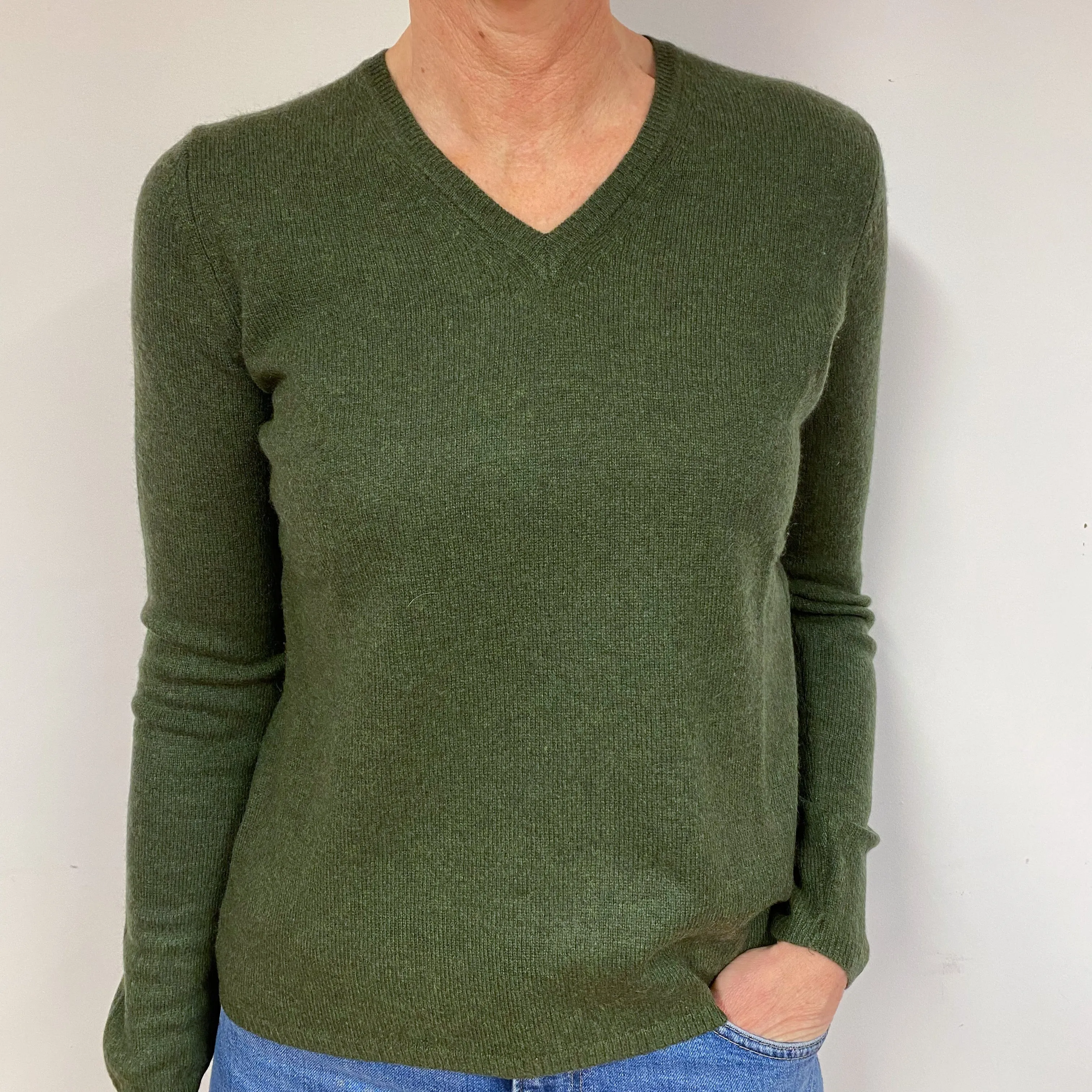 Seaweed Green Cashmere V-Neck Jumper Medium