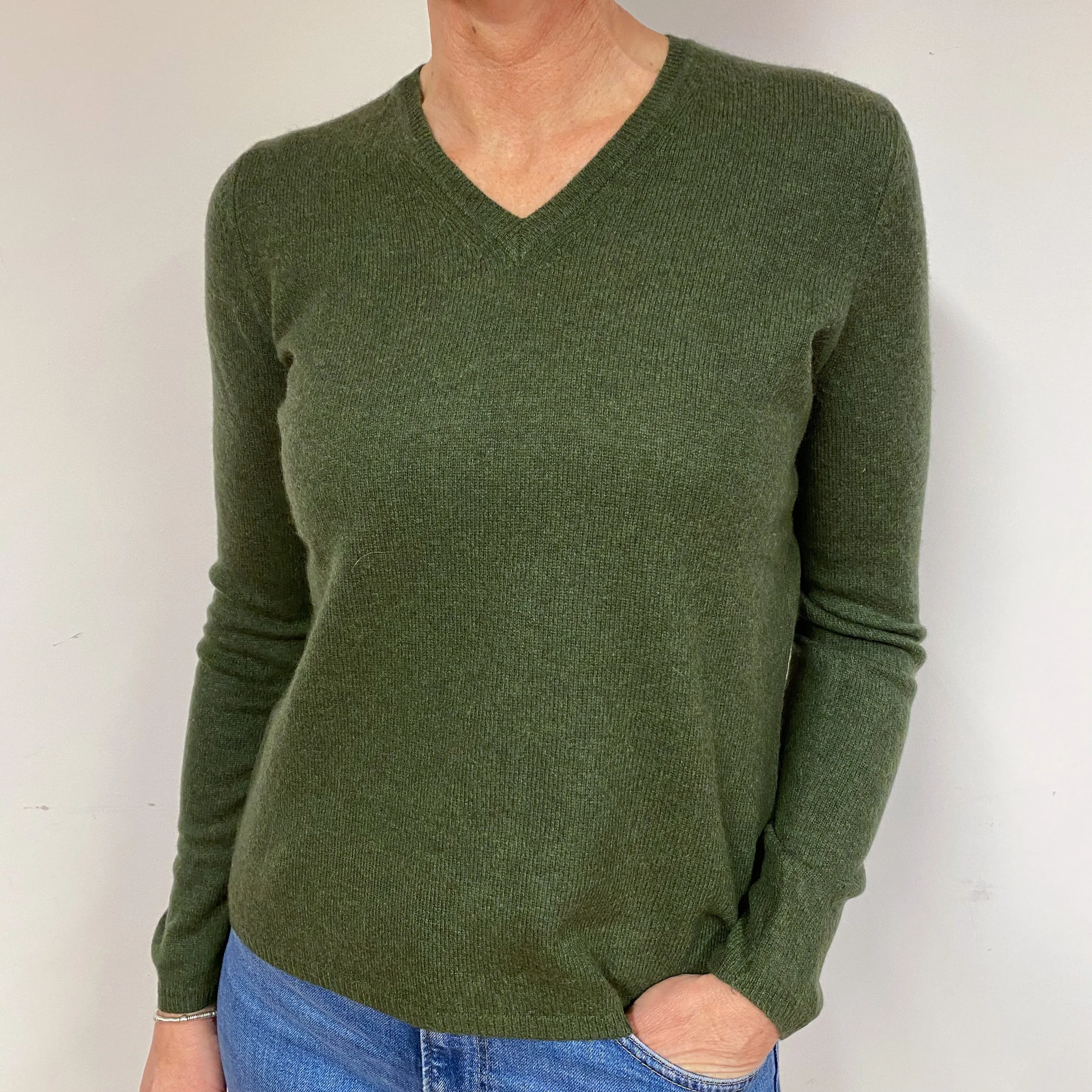 Seaweed Green Cashmere V-Neck Jumper Medium