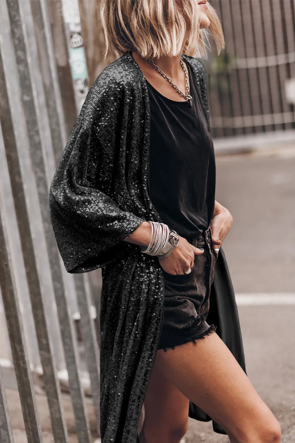 Sequin 3/4 Sleeve Duster Kimono
