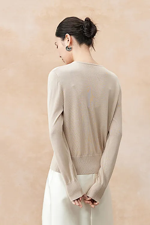 Silk Blend Lightweight Sweater with Ribbed Trims